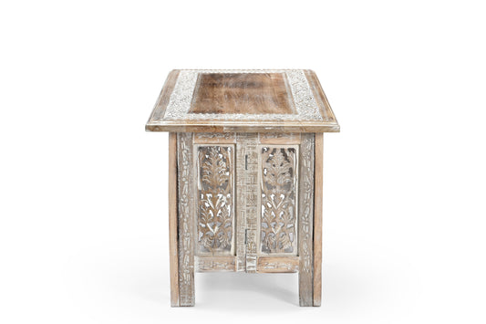 Vintage Solid Mango Wood Coffee Table - Handmade Wooden Coffee Table with Carved Details, Rustic Brown Finish, Decorative and Sturdy for Living Room - 92 x 45 x 45 cm