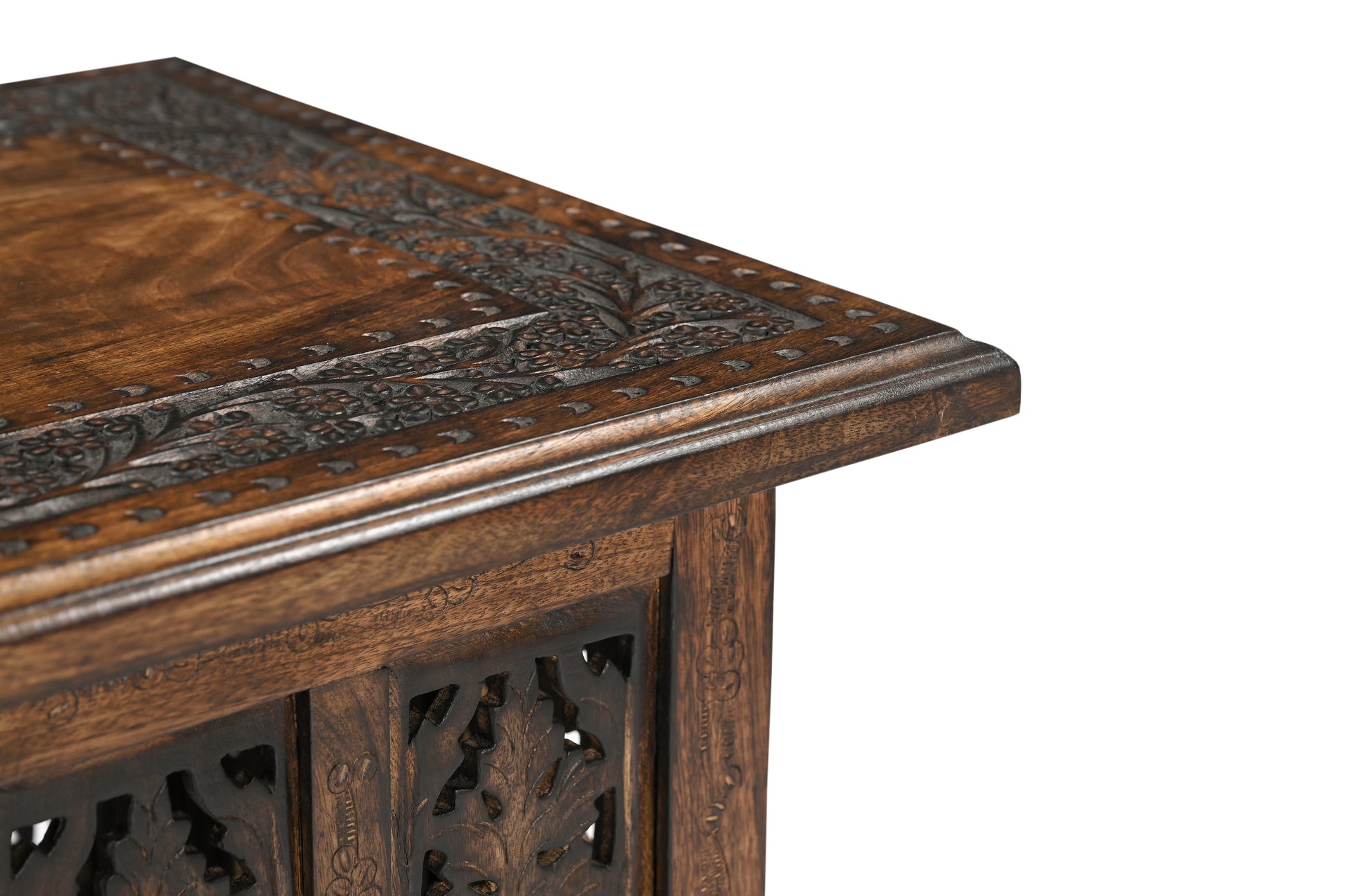 Vintage Solid Mango Wood Coffee Table - Handmade Wooden Coffee Table with Carved Details, Brown Finish, Decorative and Sturdy for Living Room - 92 x 45 x 45 cm iAnanas