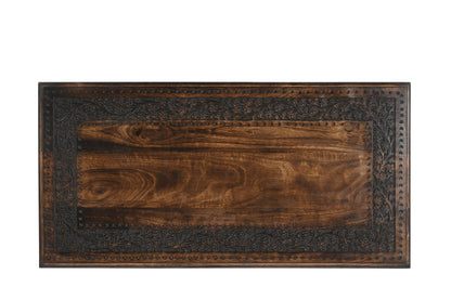 Vintage Solid Mango Wood Coffee Table - Handmade Wooden Coffee Table with Carved Details, Brown Finish, Decorative and Sturdy for Living Room - 92 x 45 x 45 cm iAnanas