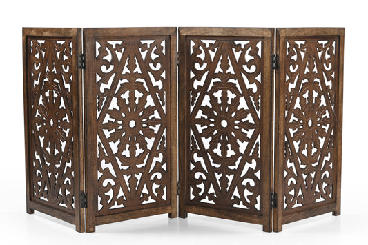 Handmade Mango Wood Dog Gate - Freestanding 4-Piece Pet Gate, Brown, Foldable Safety Fence & Fireplace Guard for Dogs, Cats & Children - 180x2x84 cm Marudhara