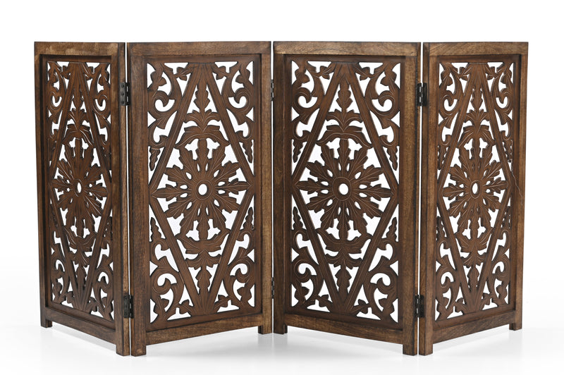 Handmade Mango Wood Dog Gate - Freestanding 4-Piece Pet Gate, Brown, Foldable Safety Fence & Fireplace Guard for Dogs, Cats & Children - 180x2x84 cm Marudhara