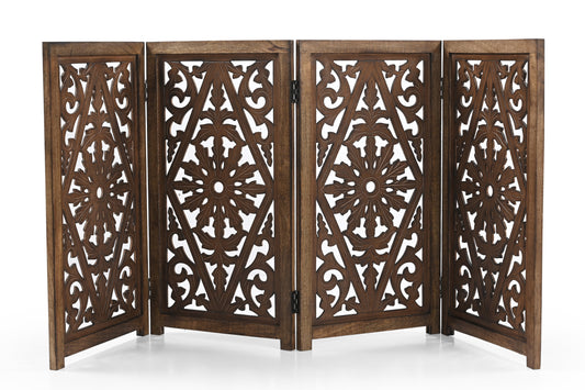 Handmade Mango Wood Dog Gate - Freestanding 4-Piece Pet Gate, Brown, Foldable Safety Fence & Fireplace Guard for Dogs, Cats & Children - 180x2x84 cm Marudhara
