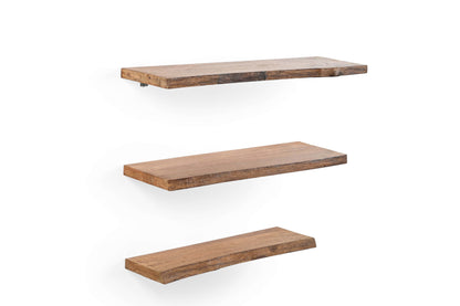 Rustic Floating Wooden Wall Shelf – Solid Wood with Industrial Brackets, Set of 3 Marudhara
