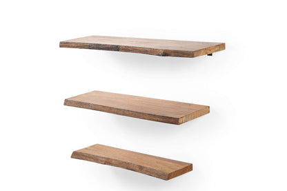 Rustic Floating Wooden Wall Shelf – Solid Wood with Industrial Brackets, Set of 3 Marudhara