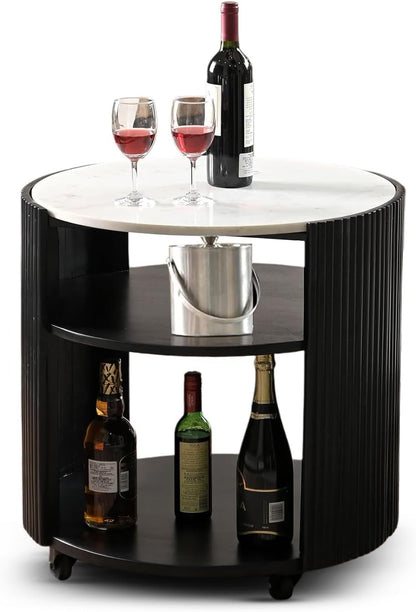 Modern Round Side Table with Marble Top & Black Wooden Legs – Elegant Accent Table Marudhara