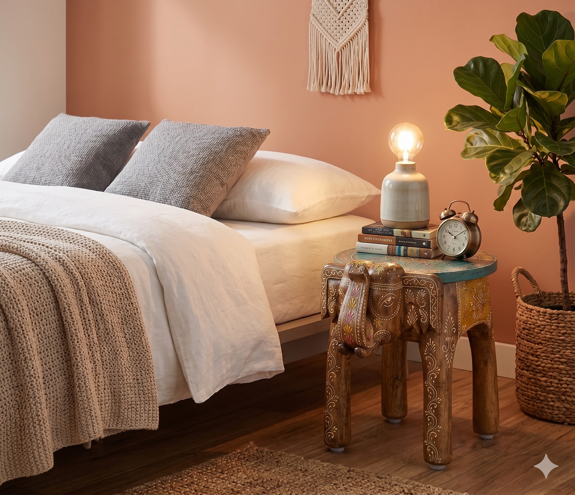 Der handgeschnitzte Elefanten-Beistelltisch wird als Nachttisch in einem gemütlichen Schlafzimmer genutzt. Er steht neben einem niedrigen Bett mit weißer Bettwäsche und grauen Kissen vor einer terracottafarbenen Wand. Auf dem Tisch stehen eine moderne Lampe und ein Wecker