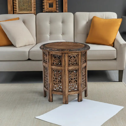 Antique Brown Hand-Carved Solid Wood Round Side/Coffee Table – 45cm Diameter Marudhara