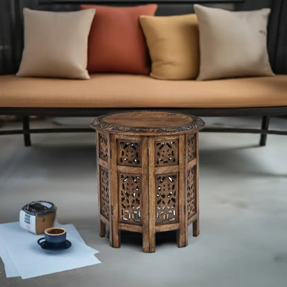 Antique Brown Hand-Carved Solid Wood Round Side/Coffee Table – 45cm Diameter Marudhara