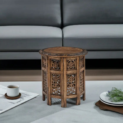 Antique Brown Hand-Carved Solid Wood Round Side/Coffee Table – 45cm Diameter Marudhara