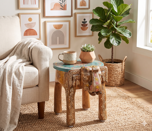 Ein farbenfroher, handbemalter runder Beistelltisch aus Mangoholz in einer gemütlichen Boho-Chic-Wohnzimmerecke. Der Tisch mit Elefantenmotiven steht neben einem cremefarbenen Sessel auf einem Juterteppich; darauf stehen eine Tasse und ein Buch. Im Hintergrund eine Bilderwand und eine Geigenfeige.