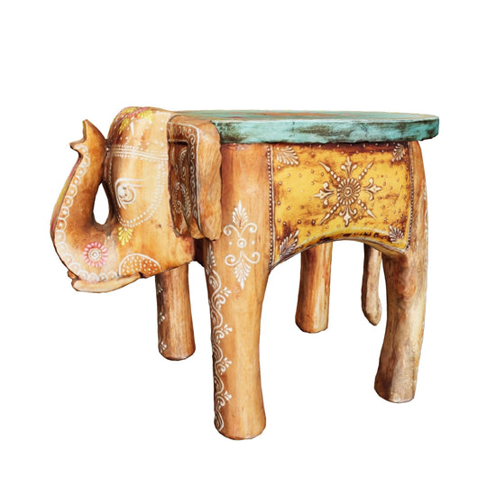 Handbemalter Holztisch – Elefanten Beistelltisch aus Mangoholz mit Mandala, handgemacht, einzigartiges Design, farbenfroh.