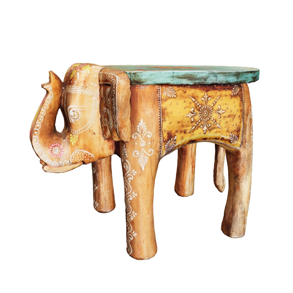 Handbemalter Holztisch – Elefanten Beistelltisch aus Mangoholz mit Mandala, handgemacht, einzigartiges Design, farbenfroh.