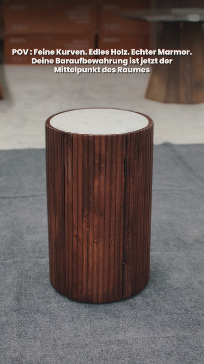 Modern Cylindrical Wooden Bar Cabinet with White Marble Top – Compact Bar Table Storage