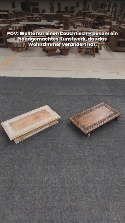 Table basse vintage en manguier massif – Table basse en bois faite à la main avec détails sculptés, finition marron rustique, décorative et robuste pour le salon – 92 x 45 x 45 cm 